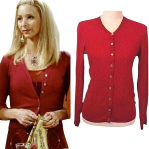 Dana Buchman Red Metallic Gold Chevron Knit Button Up Cardigan Medium